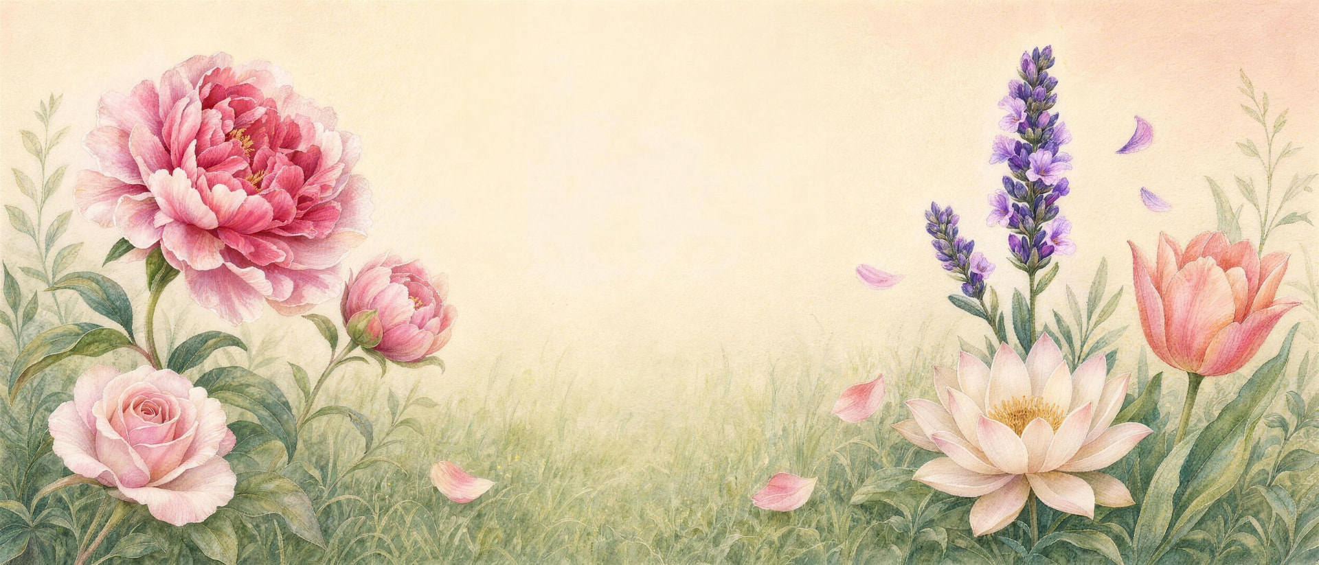 Watercolor meadow framed by peonies, roses, lavender, lotus, and tulips